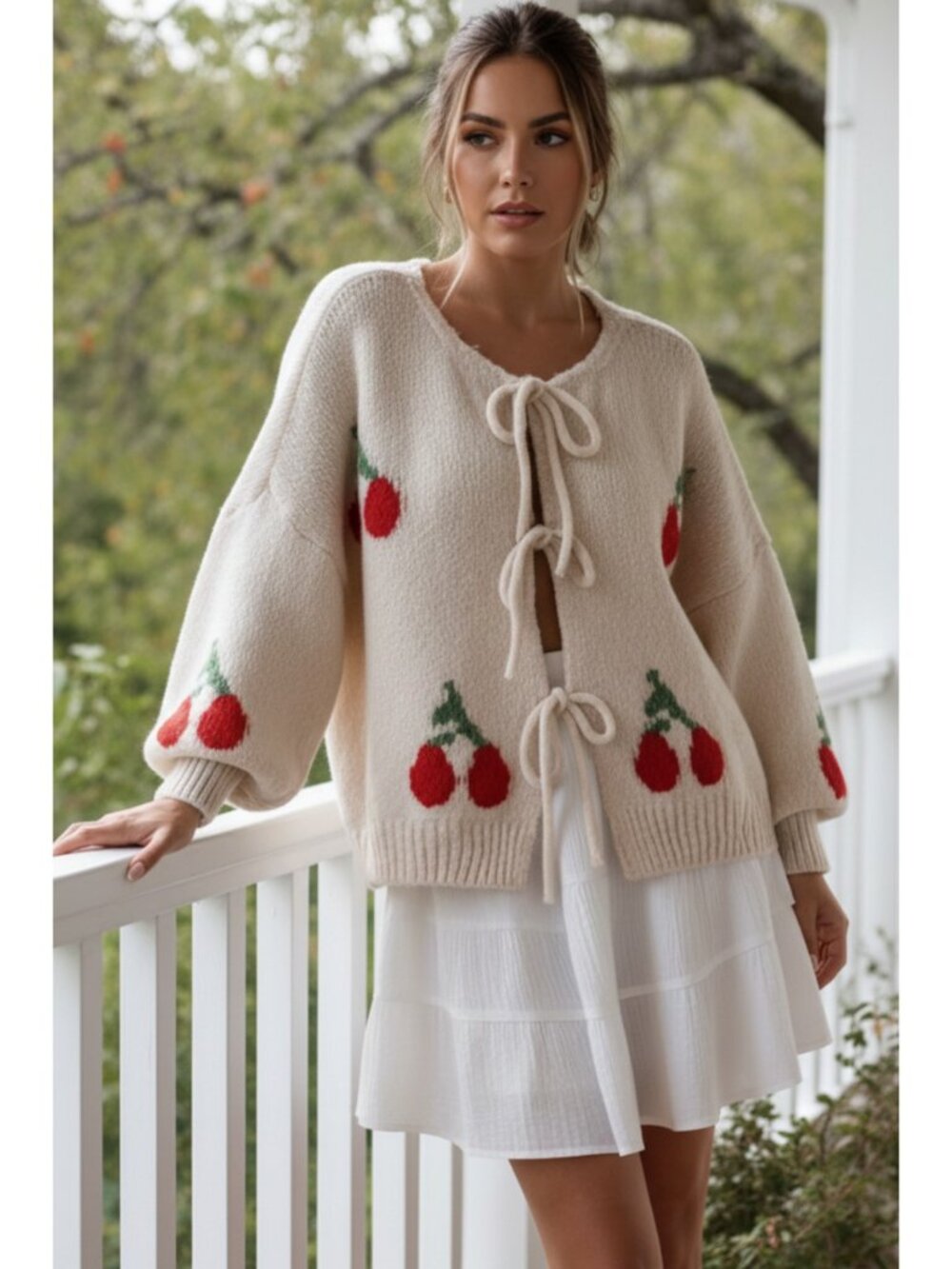 Cherry Large Bow Tie-Front Oversized Knit Cardigan Balloon Sleeve Boxy Sweater